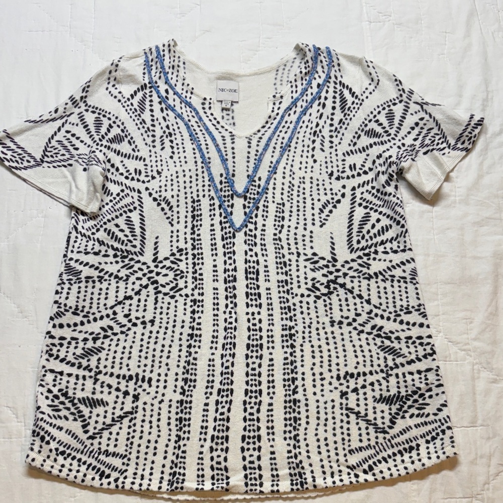 NIC+ZOE Coastline Linen Blend Abstract Print Short Sleeve‎ Split Neck Top Small